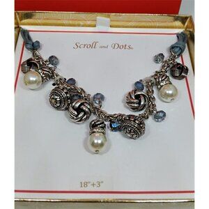 NWT Scroll and Dots Faux Pearls Dangle Charm Rope Necklace Boho Giftable